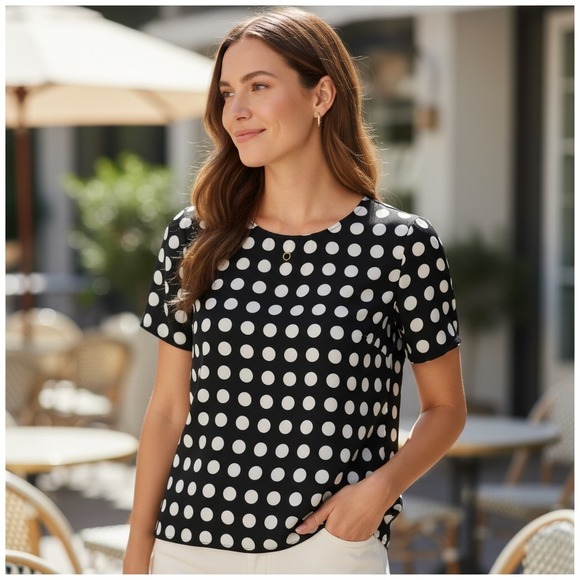 J.CREW Tops - J.CREW Blouse Womens XS Black Polka Dot Short Sleeve Keyhole Back Top